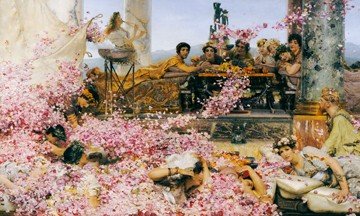 Lawrence Alma-Tadema, Die Rosen des Elagabalus (Gott, Gottheit, Rosengarten, üppig, Gelage, Wunschgröße,  romantisierend, antikisierend, Akademischer Realismus, Idylle, Malerei, Wunschgröße, Wohnzimmer, bunt)