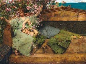 Lawrence Alma-Tadema, Im Rosengarten (Rosen, Garten, Frauen, Bank, antikisierend, romantisierend,  Akademischer Realismus, Idylle, Malerei, Wunschgröße, Wohnzimmer, bunt)