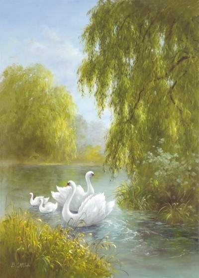 B. Smith, WHITE SYMPHONY II (Landschaften, Bäume, See, Wasser, Natur, Schwäne, Idylle,  Malerei, Wohnzimmer, Treppenhaus, bunt)