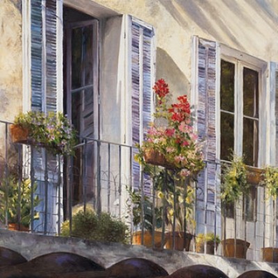 Christian Sommer, Balcon à Grasse (Provence) (Balkon, Fassade, Fenster, Gebäude, Schlagladen, Fensterladen, Bodentiefe Fenster, Blumen, Sommer, Nostalgie, Wohnzimmer, Malerei, bunt)