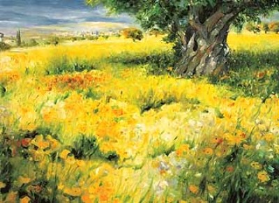 Christian Sommer, Sommerbaum (Landschaft, Landschaftsmalerei,, Sommer, Blumenwiese, alter Baum, knorrig, Idylle, Malerei, Wohnzimmer, Arztpraxis, bunt)