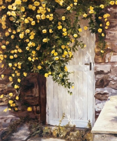 Christian Sommer, Sommergarten (Steinhaus, Gebäude, rustikal, Rosen, Kletterrosen, Nostalgie, Idylle, Malerei, Wohnzimmer, Arztpraxis, bunt)