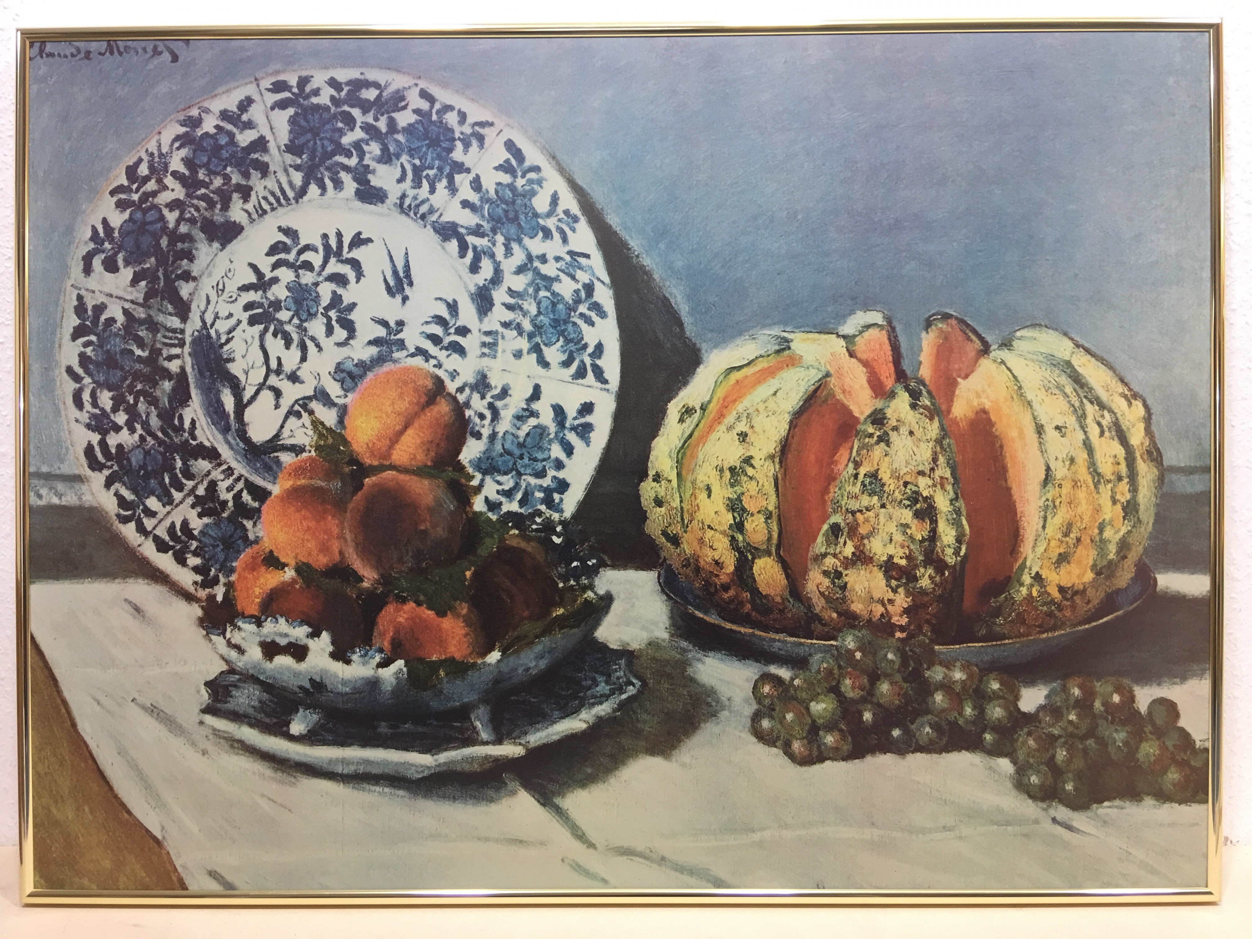 Claude Monet, Bild mit Rahmen, Still life, 1876, Aluminium gold glänzend, Folie (Impressionismus, Malerei, Klassiker, Stillleben, Schale, Kürbis, Obst, Teller, Wohnzimmer, Esszimmer, Küche, bunt,)