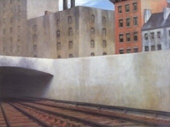 Leinwandbild, Edward Hopper, Approaching a City (American Scene, Malerei, Realismus, Gebäude und Architektur, Fassaden, Kälte, Anonymität, Menschenleere, Eisenbahnschienen, Stadt, Leere, Wohnzimmer, bunt)