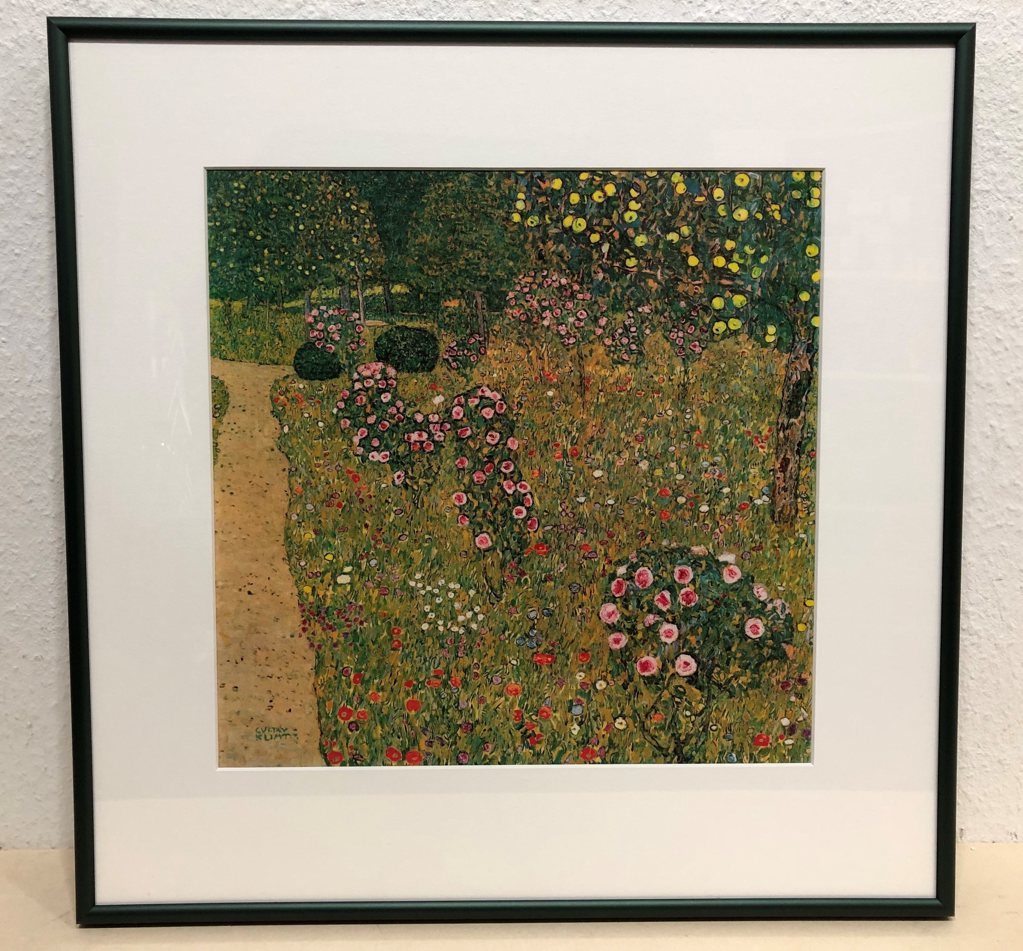 Bild mit Rahmen, G. Klimt, Obstgarten m. Rosen, Alu grün (Klassische Moderne,dekorativ, Jugendstil, Rosen, Blumen, Blumengarten, Obstbaum, bunt, Wohnzimmer, Treppenhaus, Schlafzimmer, Wintergarten, Malerei)