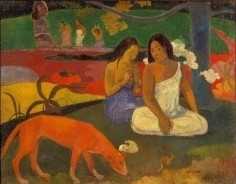 Bild mit Rahmen, Paul Gauguin, Arearea (Der rote Hund). 1892, Holz gold, schwarz gebürstet, 20 mm, Folie (Südsee, junge Frauen, Ureinwohner, Gesellschaft, Hund, Flöte, Musizieren, exotisch, Landschaft,  Wunschgröße, Klassische Moderne, Impressionismus, Malerei,  Wohnzimmer,  bunt)