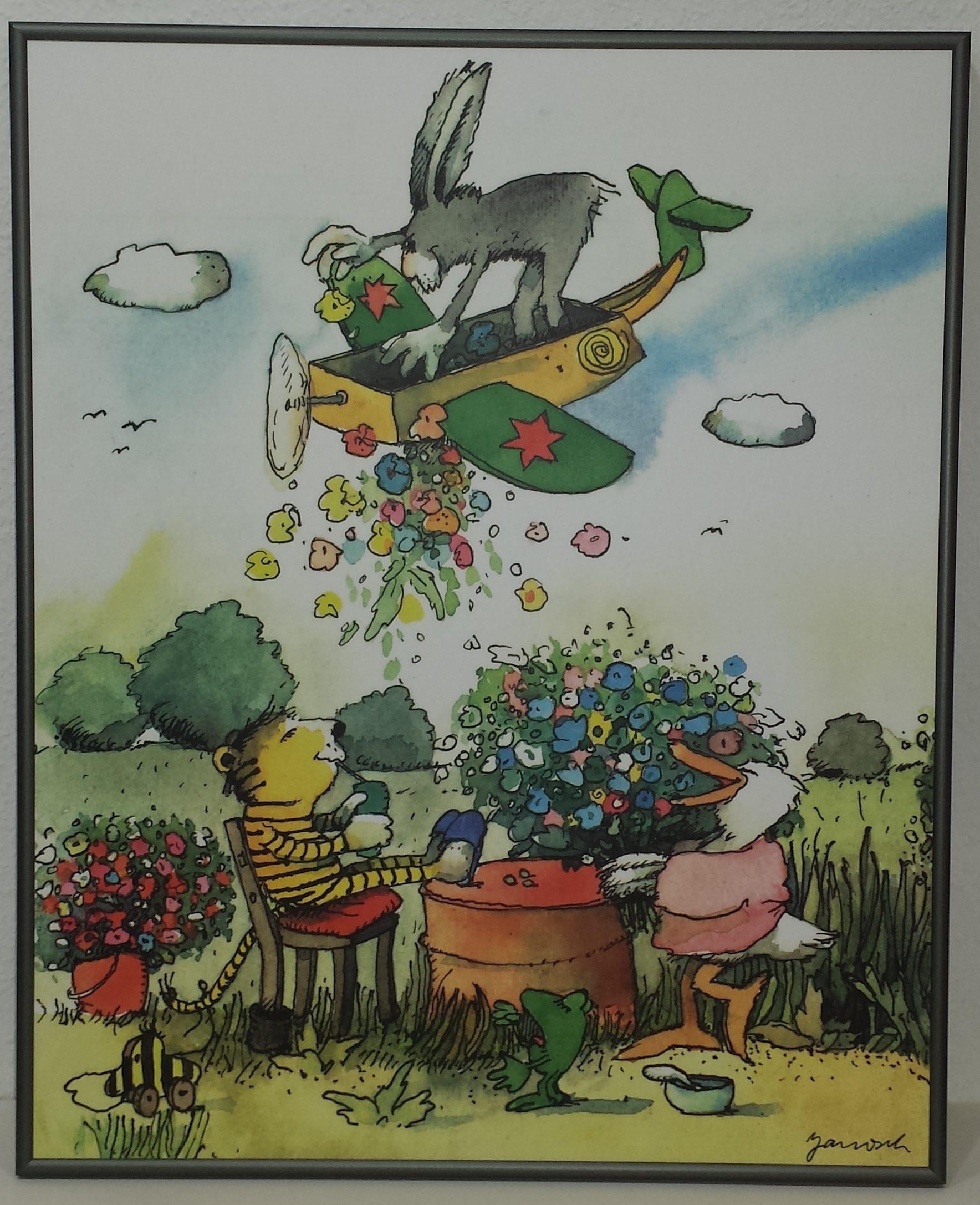 Gerahmtes Bild Aluminium platin matt mit Folie Janosch - Blumenregen (Kinderwelten, Illustration, Zeichnung, Landschaft, Tigerente, Tiger, Ente, Hase, Frosch, Flugzeug, Blumen, Kinderzimmer, Treppenhaus,bunt)
