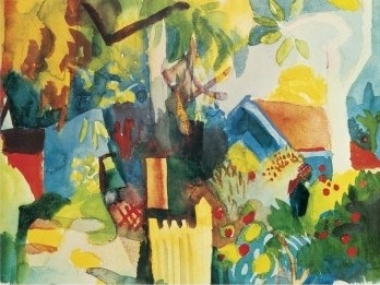 Bild mit Rahmen, A. Macke, Landschaft mit hellen Bäumen - 1910, Holz blau (Malerei, Expressionismus, Landschaft, Haus,Garten, Gartenzaun, Bäume, Treppenhaus, Arztpraxis, Wintergarten, Klassische Moderne, bunt)