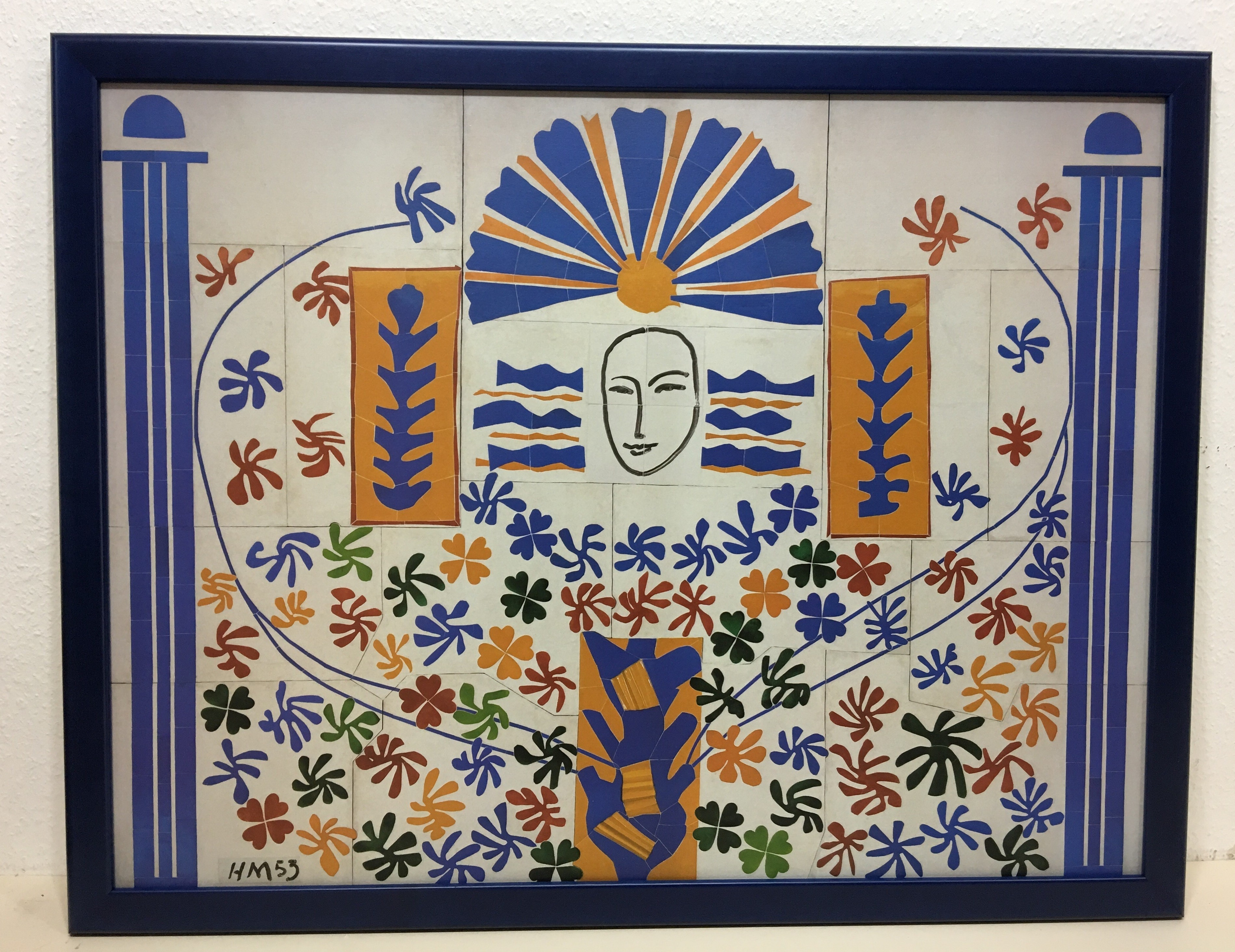 Gerahmtes Bild, Holz blau, Folie, letztes Exemplar,  Henri Matisse, Apollo (Wandbild, Gesicht, Säulen, Fauvismus, Klassische Moderne, Wohnzimmer, Schlafzimmer, bunt)