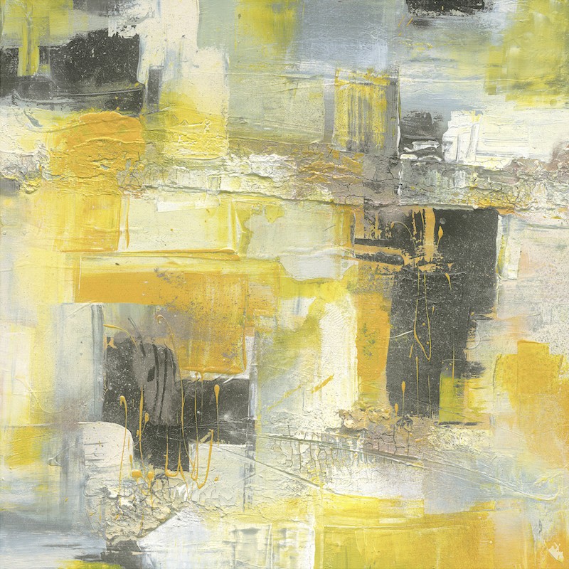 Leinwandbild, Seiten gespiegelt, limit. Auflage, 19/95, Petra Stahl, Devon (Abstrakt, Modern, zeitgenössisch, gespachtelt, geometrische Muster, Malerei, Wohnzimmer, Treppenhaus, Büro, grau/gelb)
