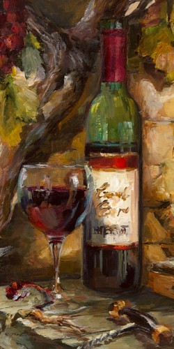Marilyn Hageman, Le Cour de le Chateau I (Wunschgröße, Modern, Nostalgie, Stillleben, Malerei, Wein, Weingläser, Reflexionen, Korkenzieher, Küche, Gastronomie, Bar, Restaurant, Esszimmer, Flaschen, bunt)