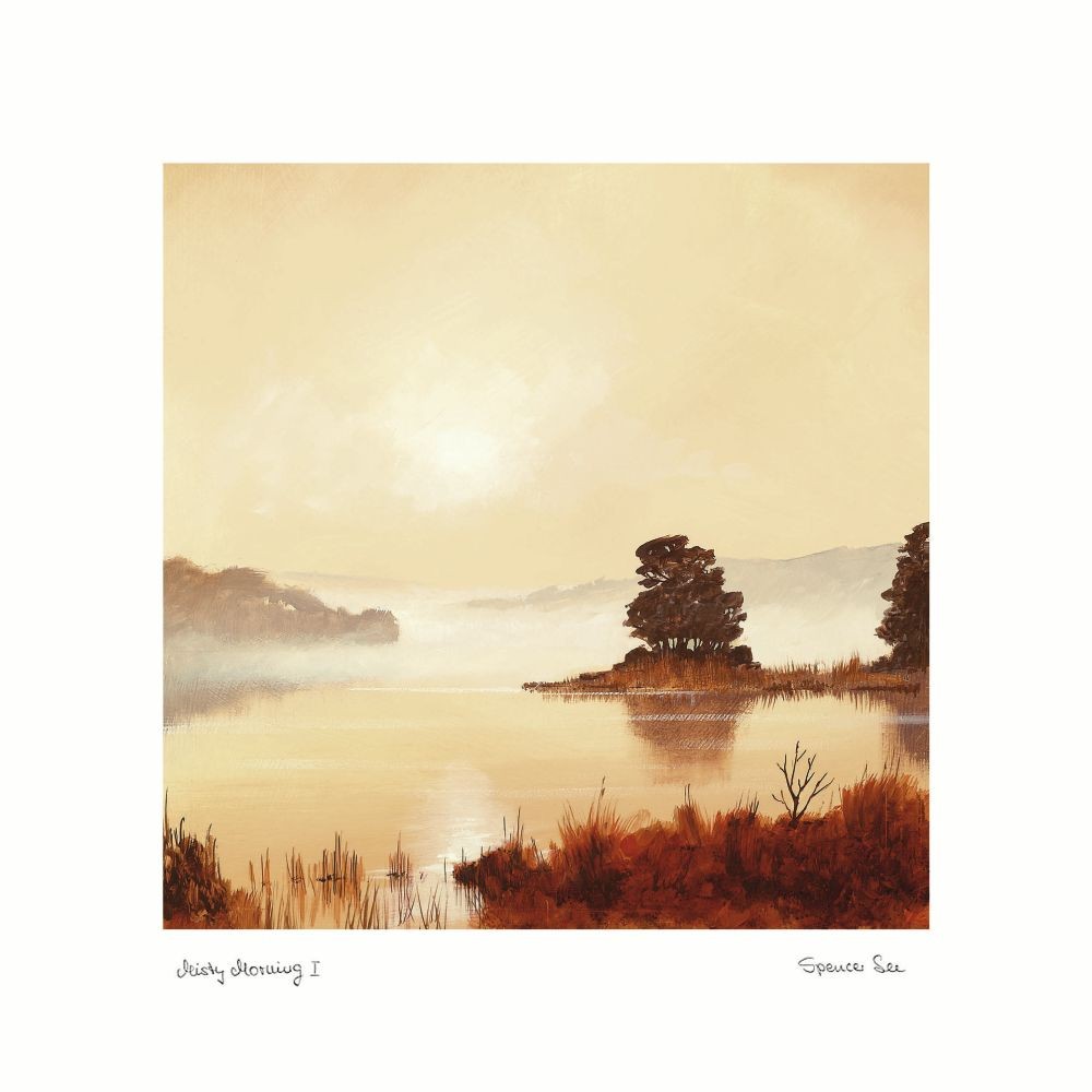 Spencer Lee, Misty Morning I (Landschaften, Bäume, Wasser, See, Wolken, Sonne, Büro, Büro, Wohnzimmer, Malerei, bunt)