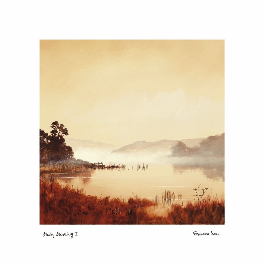 Spencer Lee, Misty Morning Ii (Landschaften, Bäume, Wasser, See, Wolken, Sonne, Büro, Büro, Wohnzimmer, Malerei, bunt)