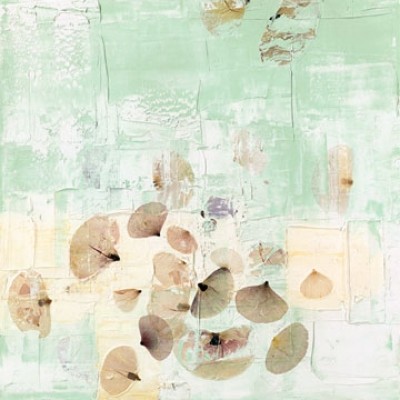 Katja Spilker, Blütentanz (Blätter, tanzende Blätter, filigran, zart, transparent, abstrakte Malerei, Wohnzimmer, Treppenhaus, pastell/grün)