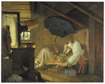 Carl Spitzweg, Der arme Poet (Malerei, Klassiker, Kranker Mann, Dichter, Regenschirm, Bruchbude, Armut, Dachwohnung, Spätromantik, Wohnzimmer, bunt)