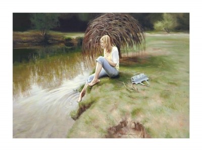 Tina Spratt, TRANQUIL WATERS (People & Eros, Frau, Fluss, Sommer, Landschaftsmalerei, Photorealisimus, Malerei, Wohnzimmer, bunt)