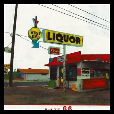 Bild mit Rahmen, Ayline Olukman, Route 66 - West End Liquor, Holz 34 mm, schwarz , Plexiglas (Kult, Pop, Vintage, Gebäude, Highway, modern, schrill, Gastronomie, Jugendzimmer, Wohnzimmer, bunt)