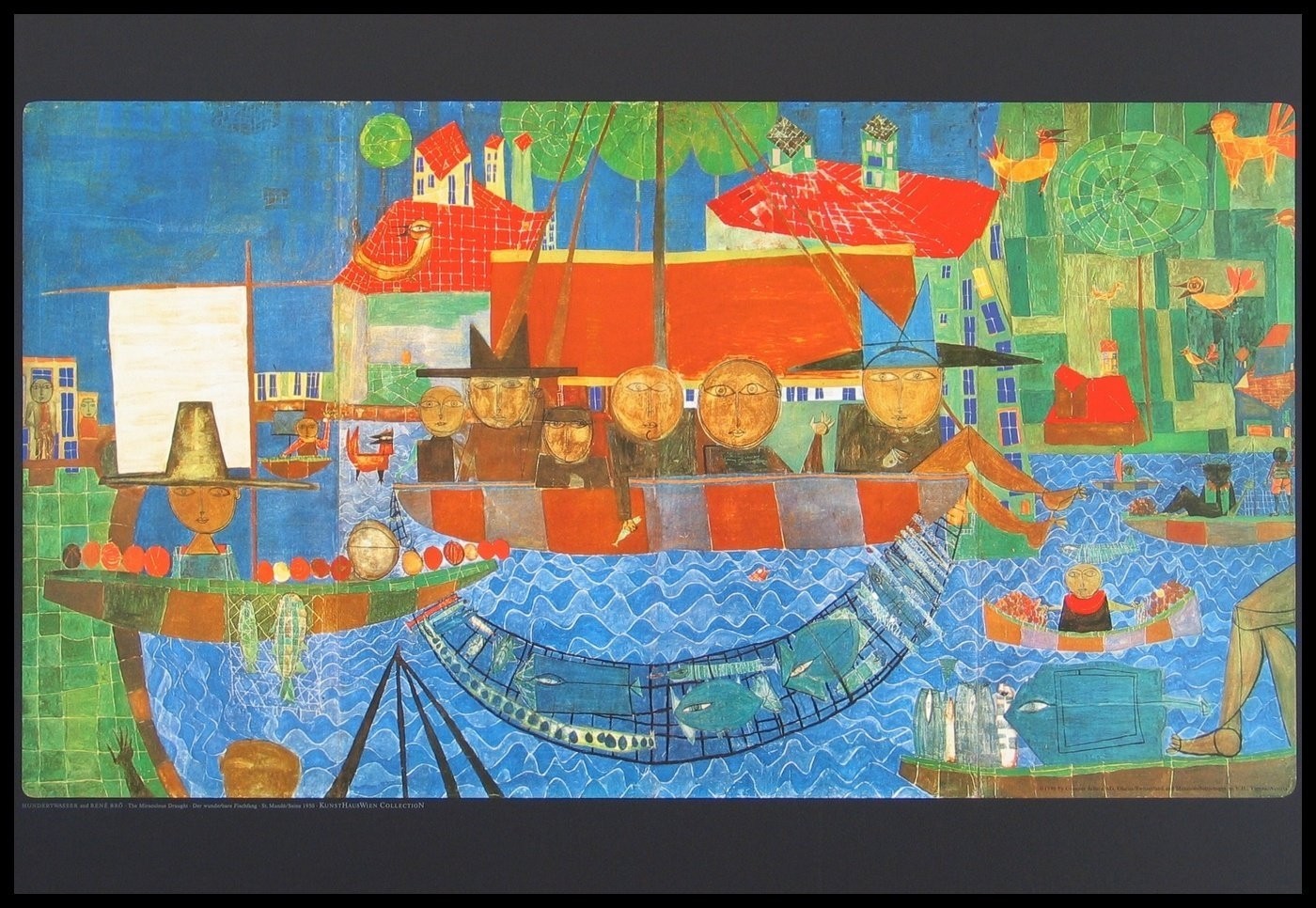 Friedensreich Hundertwasser, Gerahmtes Bild Holz schwarz, Folie matt, Wunderbarer Fischfang (Landschaft, See, Boot, Fischer, Netz, Fische, Fang,  geometrische Muster, abstrakte Formen, Malerei, Klassische Moderne,  Wohnzimmer, Arztpraxis, bunt)