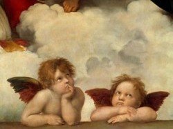 Raffael, Leinwandbild Zwei Engel (Klassiker, Sixtinische Madonna, Engel, Putte, Renaissance, Malerei, Wohnzimmer, Schlafzimmer, Treppenhaus,  bunt)