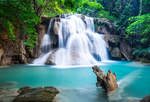 Alu-Dibond Bild, calcassa, Huay Mae Kamin Waterfall (Thailand, Erawan, Nationalpark, Wasserfall, Kaskaden, Urwald, erfrischend, Urwald, Natur, Landschaft, Urlaub, Wellness, Badezimmer, Treppenhaus, Fotografie, bunt)