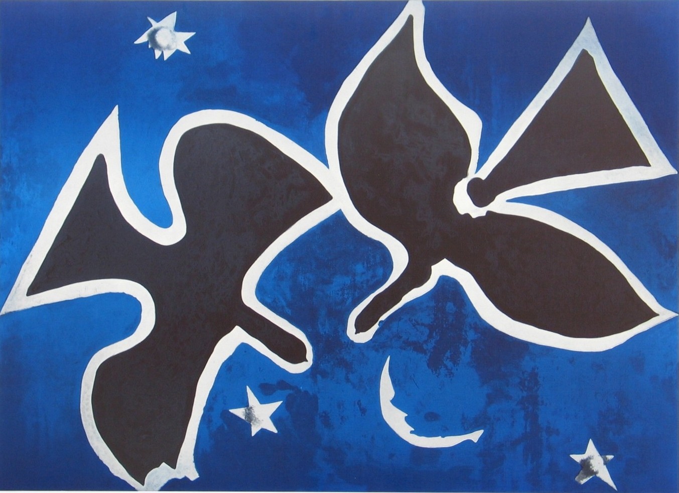 Leinwandbild, Georges Braque, Vögel - Les Oiseaux - 1953 (Vögel, Vogelpaar, Nachtszene, Sterne, Mond, Fauvismus, Klassische Moderne, figurativ, Wohnzimmer, Treppenhaus, Arztpraxis, Malerei, bunt)