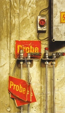 Stefan  Bircheneder, Probe 2 (Industrie, Elektrizität, Leitungen, Rohre, Schalter, Verfall, Zeitgenössischer Realismus,  Fotorealismus, Malerei, Wonzimmer, Wunschgröße, bunt)