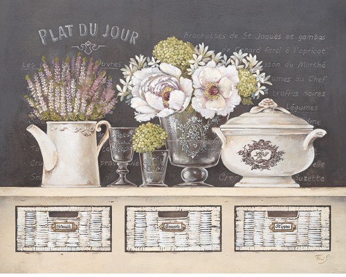 Stefania Ferri, Plat du Jour (Wunschgröße, Malerei, Nostalgie, Stillleben, Regalbrett, Rosen, Vase, Blumenvase, Kanne, Gläser,  Esszimmer, Wohnzimmer, Bistro, Café, beige / blau)