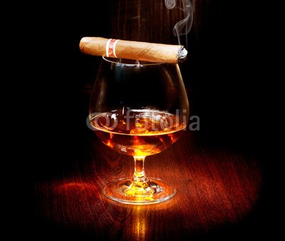 Subbotina Anna, Cognac and cigar. Glass of brandy over dark background (cognac, weinbrand, zigarre, alkohol, rauchend, whiskey, glas, hintergrund, schütten, rare, tisch, teuer, bar, flüssigkeit, schottische, rot, dunkel, braun, getränke, trinken, kneipe, schuß, stark, restaurant, spirit, 1, schwarz, glatt, elegant, har)