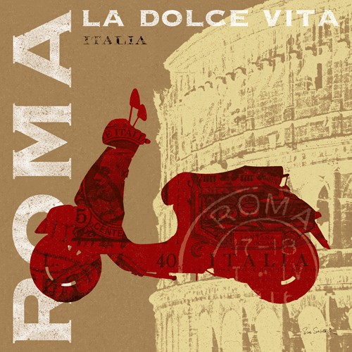 Sue Schlabach, Motoring in Rome (Plakatkunst, Rom, Italien, Colosseum, Vespa, Motorroller, Nostalgie,    Fotokunst, Wohnzimmer, Treppenhaus, Wunschgröße, beige / rot)