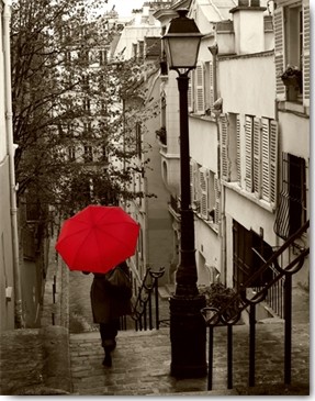 Sue Schlabach, Paris Stroll II (Treppen, Häuser, Straße, Laterne Regen, Wetter, Regenschirm, Frau, spazieren, schlendern, Treppenhaus, Wohnzimmer, Fotokunst, Colourspot, Wunschgröße, schwarz/weiß/rot)