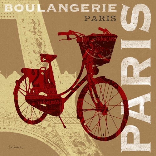 Sue Schlabach, Cycling in Paris (Plakatkunst, Paris, Eiffelturm, Nostalgie,  Fahrrad, Frankreich, Fotokunst, Wohnzimmer, Treppenhaus, Wunschgröße, beige / rot)