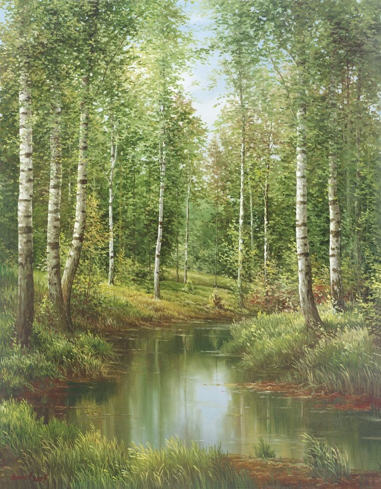 Svetlana Osipova, IN THE PARK (Landschaft, Landschaftsmalerei, Bäume, Birken, Wald, Bach, Idylle, Natur,  Malerei, Wohnzimmer, bunt)