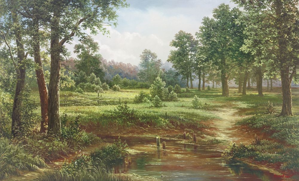 Svetlana Osipova, AFTERNOON CALM (Landschaft, Landschaftsmalerei, Bäume, Pfad, Weg, Wald, Idylle, Natur, Malerei, Wohnzimmer, bunt)