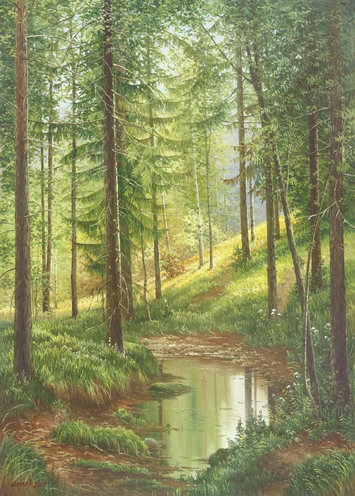 Svetlana Osipova, SUNLIT FOREST (Landschaft, Landschaftsmalerei, Bäume, Pfad, Weg, Wald, Nadelwald, Idylle, Natur, Malerei, Wohnzimmer, bunt)