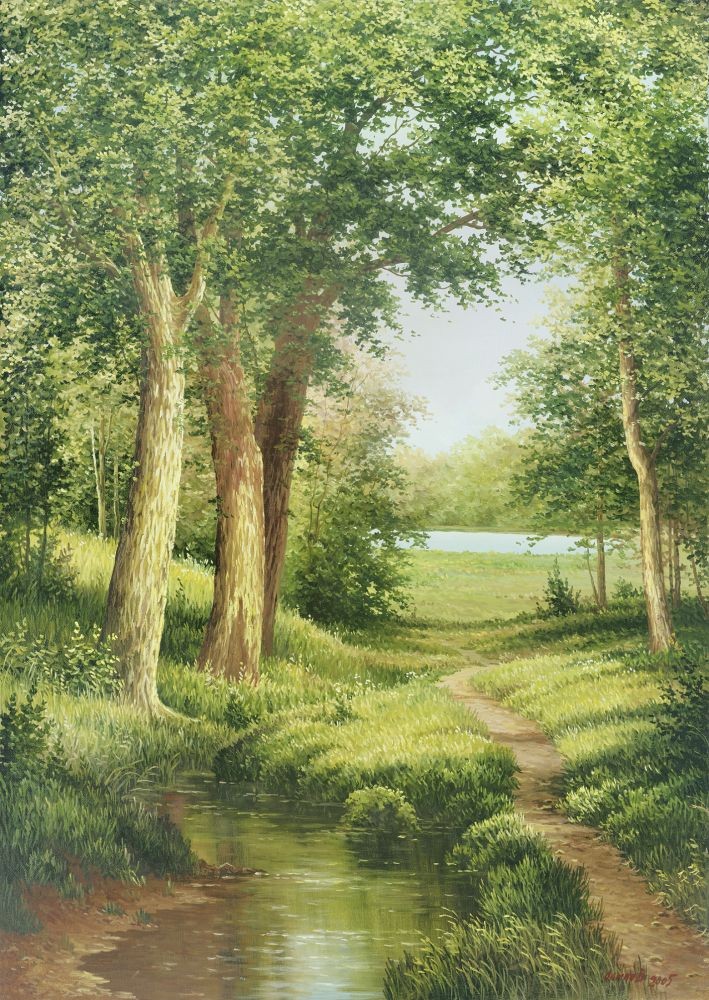 Svetlana Osipova, THE GREEN MAY (Landschaft, Landschaftsmalerei, Bäume, Pfad, Weg, Wald, Bach, Idylle, Natur, Malerei, Wohnzimmer, bunt)