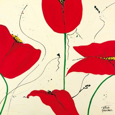 Sylvia Haigermoser, Mohn (Blumen, Blüten, Mohn, abstrahiert, modern, zeitgenössisch, Treppenhaus, Wohnzimmer, Arztpraxis, Wunschgröße, leuchtend, rot/weiß)