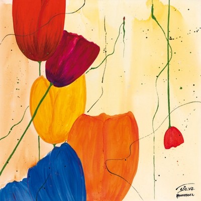 Sylvia Haigermoser, Tulpen (Blumen, Blüten, Tulpen, abstrahiert, modern, zeitgenössisch, Treppenhaus, Wohnzimmer, Arztpraxis, Wunschgröße, leuchtend, bunt)