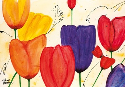 Sylvia Haigermoser, Tulpenspiel (Blumen, Blüten, Tulpen, abstrahiert, modern, zeitgenössisch, Treppenhaus, Wohnzimmer, Arztpraxis, Wunschgröße, leuchtend, bunt)