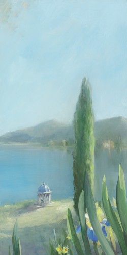 Sylvie Vernageau, Isola Bella II (Wunschgröße, Malerei, Landschaft, mediterrane Landschaft, Italien, Insel, Meer, See, Küste, Pflanzen, Blumen, Lilien, Iris, Zypressen, Kapelle, Dunst, Wohnzimmer, Schlafzimmer, bunt)