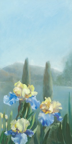 Sylvie Vernageau, Isola Bella III (Wunschgröße, Malerei, Landschaft, mediterrane Landschaft, Italien, Insel, Meer, See, Küste, Pflanzen, Blumen, Lilien, Iris, Zypressen, Dunst, Wohnzimmer, Schlafzimmer, bunt)