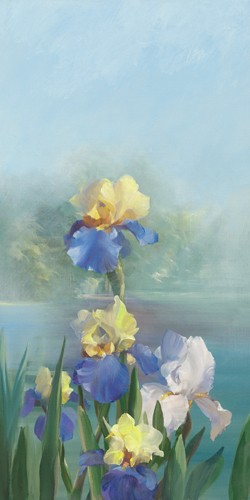 Sylvie Vernageau, Isola Bella IV (Wunschgröße, Malerei, Landschaft, mediterrane Landschaft, Italien, Insel, Meer, See, Küste, Pflanzen, Blumen, Lilien, Iris,  Dunst, Wohnzimmer, Schlafzimmer, bunt)