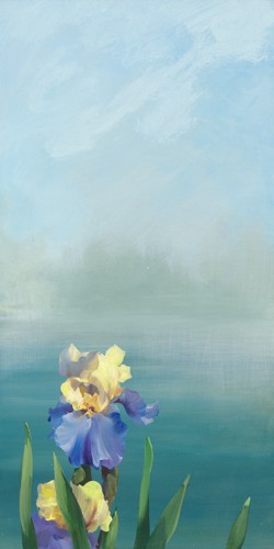 Sylvie Vernageau, Isola Bella V (Wunschgröße, Malerei, Landschaft, mediterrane Landschaft, Italien, Insel, Meer, See, Küste, Pflanzen, Blumen, Lilien, Iris,  Dunst, Wohnzimmer, Schlafzimmer, bunt)