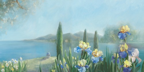 Sylvie Vernageau, Isola Bella VI (Wunschgröße, Malerei, Landschaft, mediterrane Landschaft, Italien, Insel, Meer, See, Küste, Pflanzen, Blumen, Lilien, Iris, Zypressen, Dunst, Wohnzimmer, Schlafzimmer, bunt)