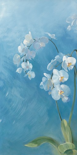 Sylvie Vernageau, Phalaenopsis Fontaine I (Wunschgröße, Malerei, Blumen, Orchideen, Blüten, Pflanzen, Botanik, Dunst, Wohnzimmer, Schlafzimmer, Treppenhaus, blau / weiß)