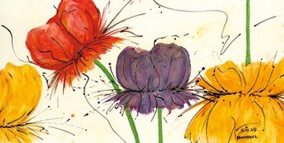 Sylvia Haigermoser, Blumen Fantasie II (Blumen, Blüten, abstrahiert, modern, zeitgenössisch, Treppenhaus, Wohnzimmer, Arztpraxis, Wunschgröße, leuchtend, bunt)