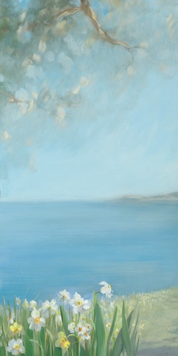 Sylvie Vernageau, Isola Bella I (Wunschgröße, Malerei, Landschaft, mediterrane Landschaft, Italien, Insel, Meer, See, Küste, Pflanzen, Blumen, Lilien, Iris,  Dunst, Wohnzimmer, Schlafzimmer, bunt)