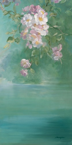 Sylvie Vernageau, Roses Chaalis Blanches (Wunschgröße, Malerei, Blumen, rosa Rosen, Teich, Blüten, Pflanzen, Botanik, Dunst, Wohnzimmer, Schlafzimmer, Treppenhaus, pastell, bunt)