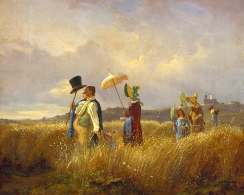 Carl Spitzweg, Der Sonntagspaziergang (Spaziergang, Sommer, Hitze, Familienausflug, Malerei, Klassiker,  Spätromantik, Wohnzimmer, Treppenhaus, Wunschgröße, bunt)