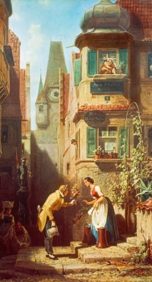 Carl Spitzweg, Der ewige Hochzeiter (Malerei, Klassiker, Dorfstraße, Mann, Frau, Heiratsantrag, Verbeugung, Humor, Spätromantik, Wohnzimmer, Wunschgröße, bunt)