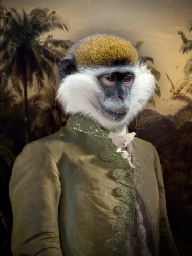 Philippe Tyberghien, Campbell (Affe, Äffchen, Edelmann, Tierportrait, historische Kleidung, Anthropomorphismus, Malerei, Wunschgröße, Wohnzimmer, bunt)